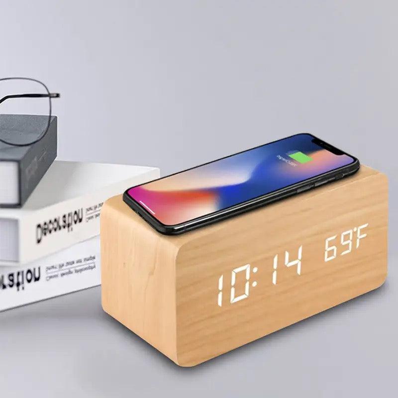Wooden Digital Alarm Clock with Wireless Charging - HEAVENC