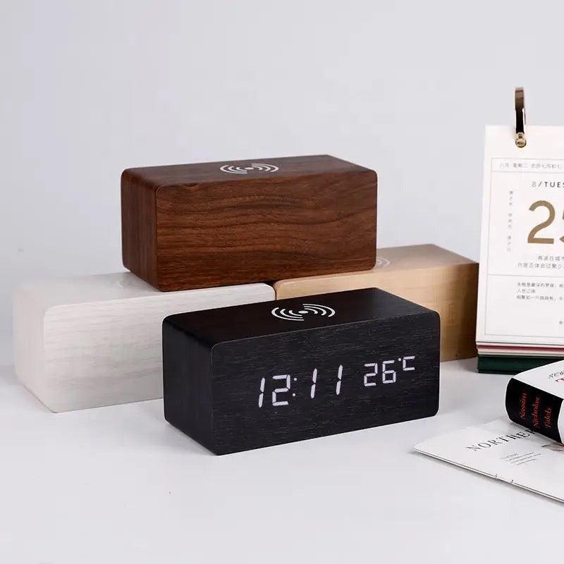 Wooden Digital Alarm Clock with Wireless Charging - HEAVENC